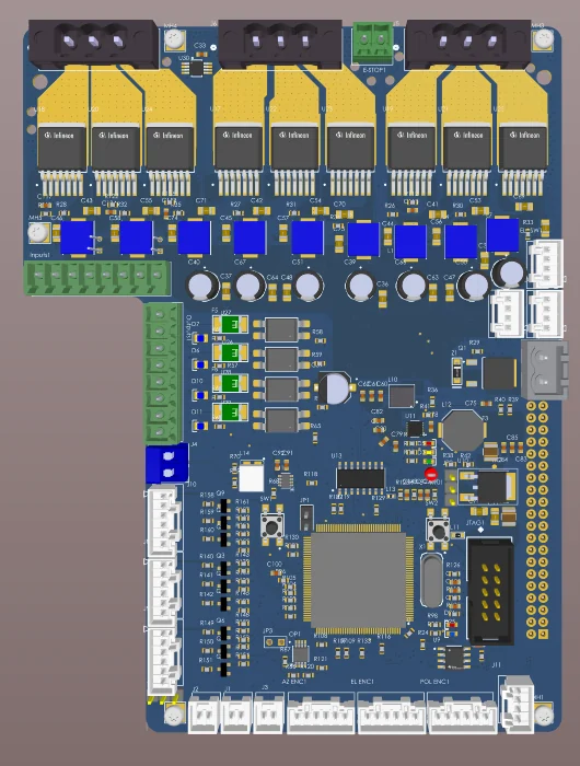 Top view: three power stages across the top, controller and connectors below