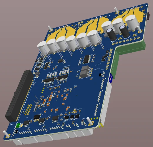 Underside with the bulk capacitors and the 40-pin header